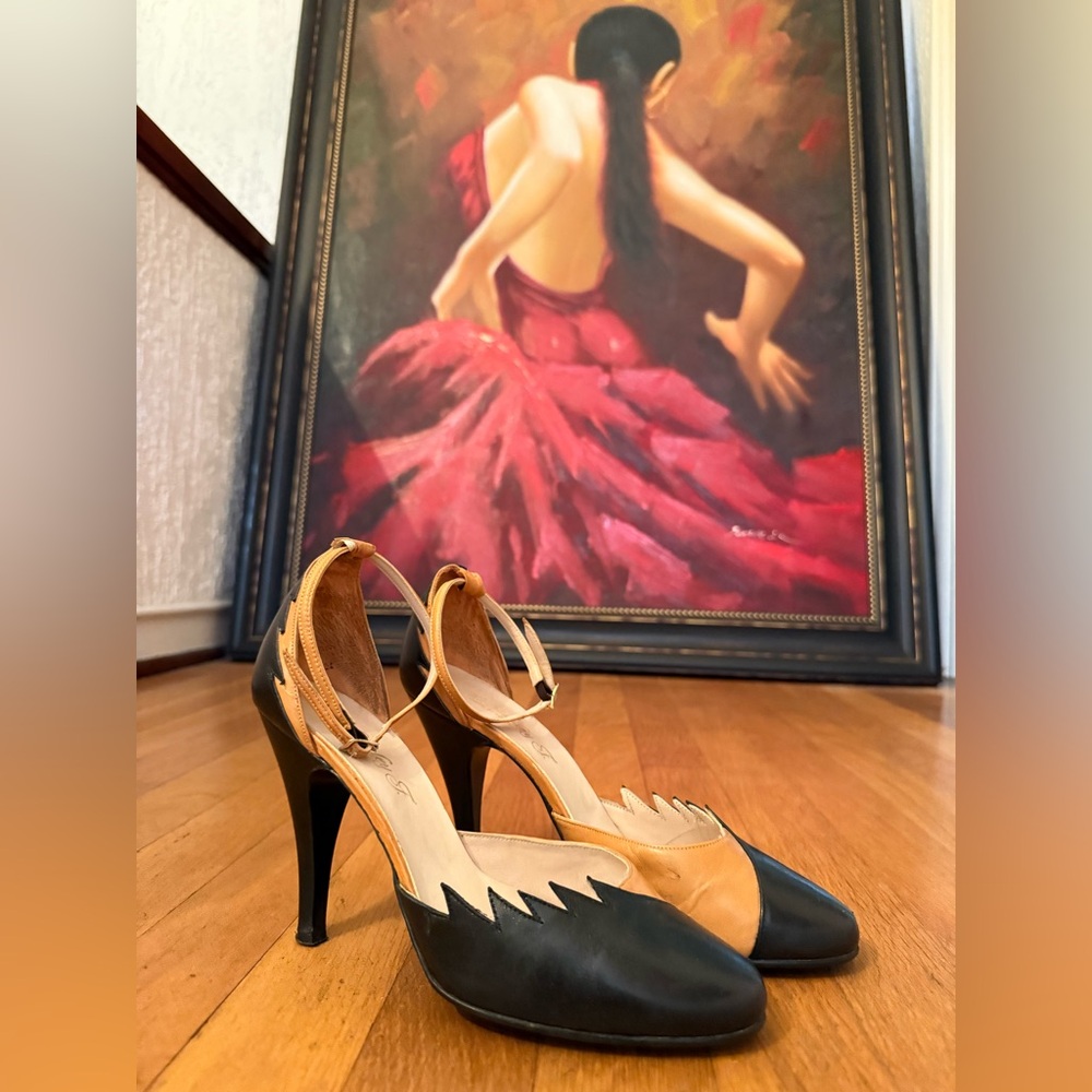 Ankle strap tango style leather heels